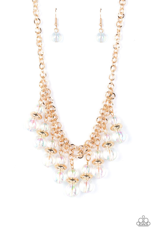Deep Space Diva - Gold Discs & Iridescent Beaded Paparazzi Fringe Necklace