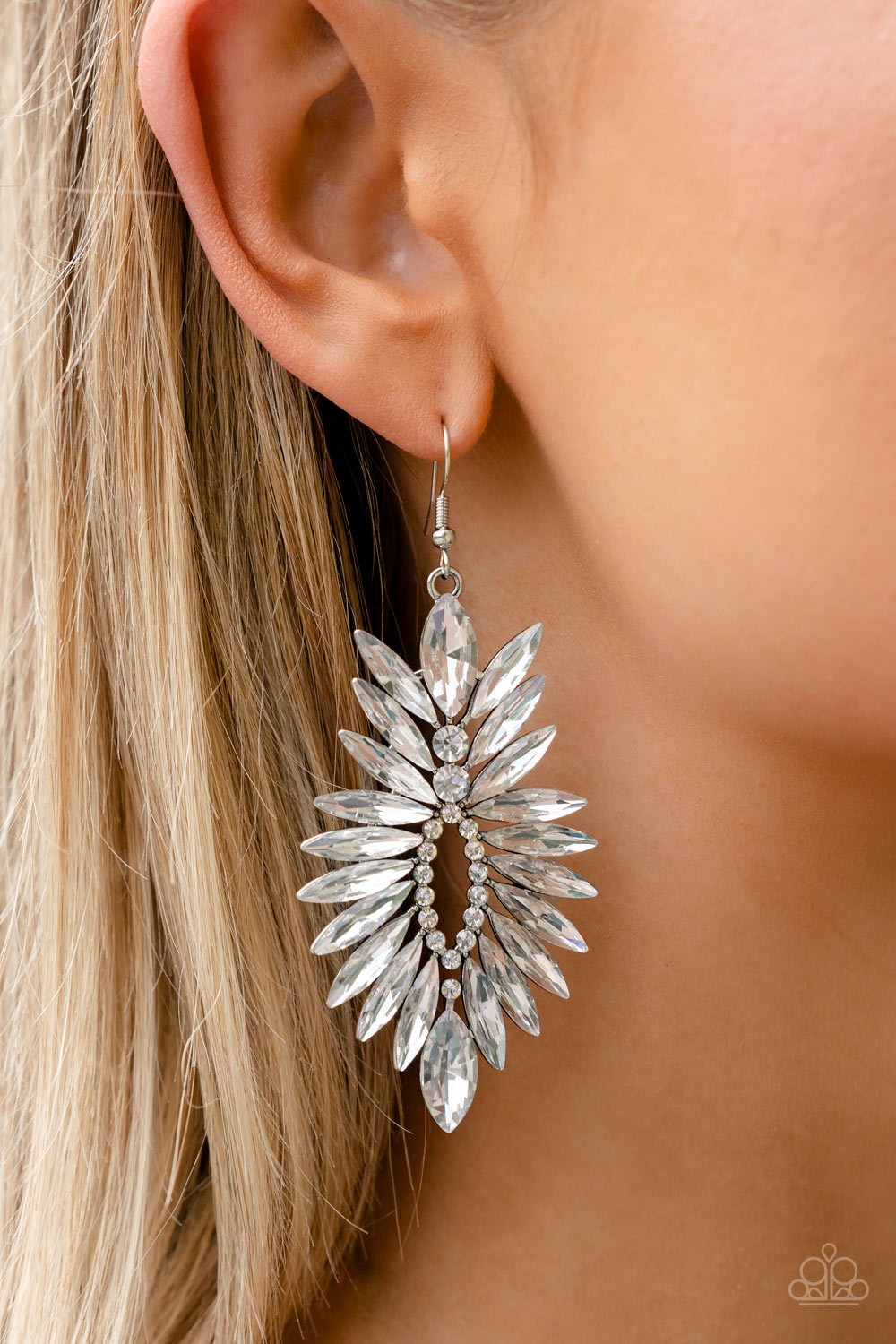 Turn up the Luxe - White Marquise Rhinestone Explosion Paparazzi Earrings