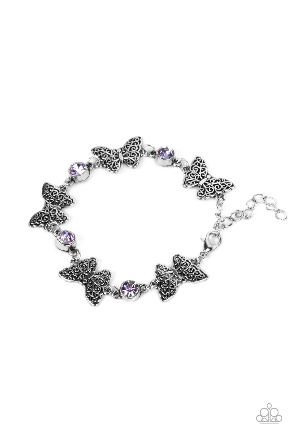 Has a WING to It - Purple Rhinestones & Silver Butterfly Paparazzi Adjustable Bracelet