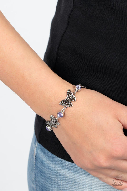 Has a WING to It - Purple Rhinestones & Silver Butterfly Paparazzi Adjustable Bracelet