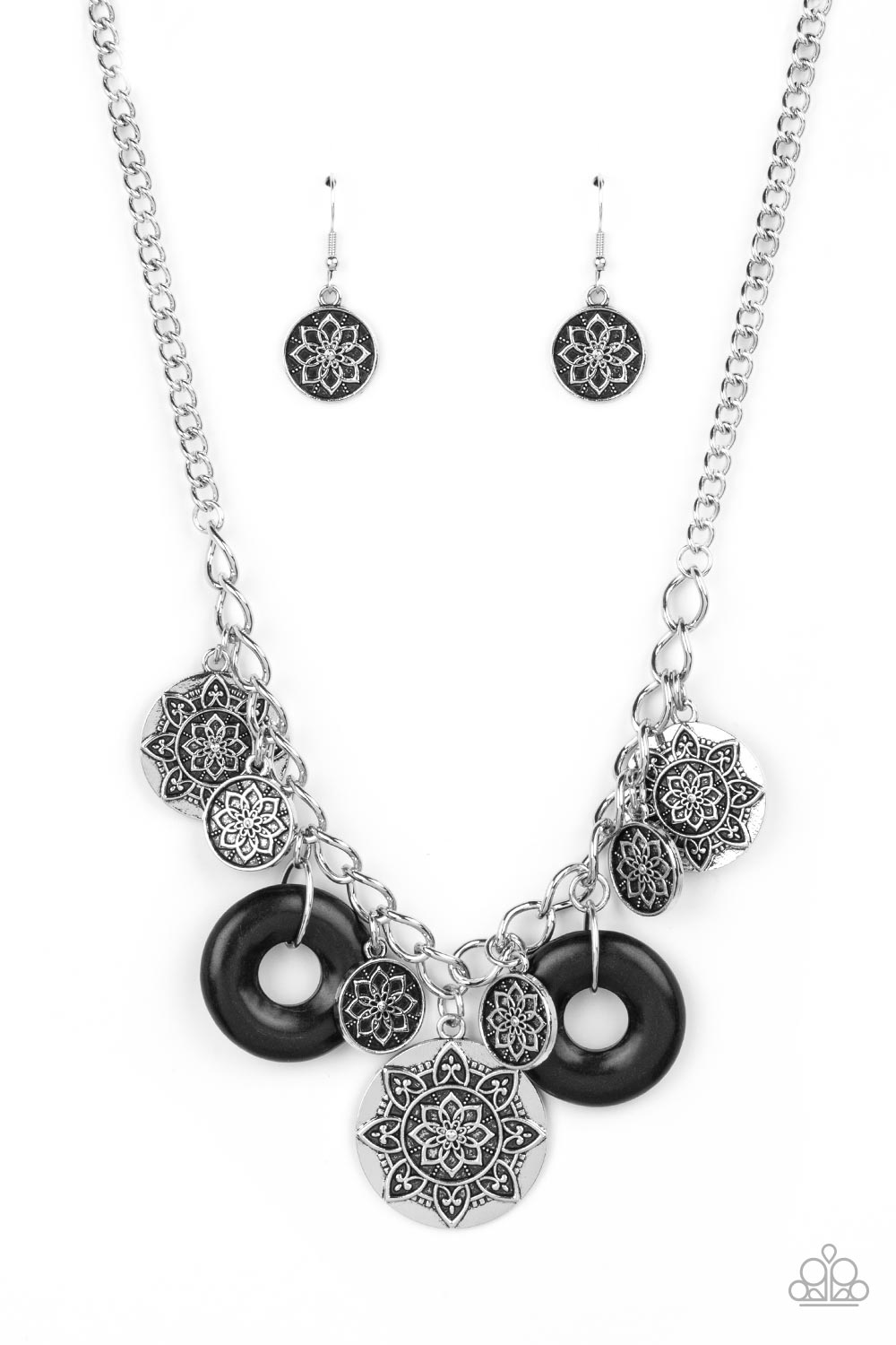 Western Zen - Black Stone/Silver Discs with Mandala-Like Designs Paparazzi Necklace & matching earrings