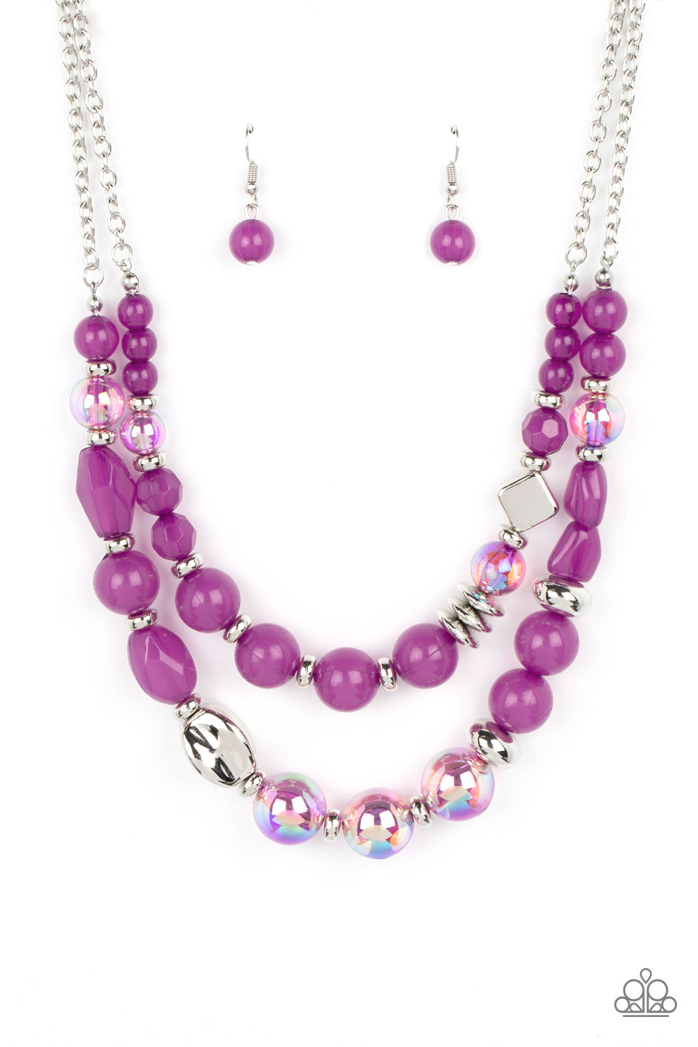 Mere Magic - Purple Iridescent & Opaque Beads/Silver Accent Paparazzi Necklace & matching earrings