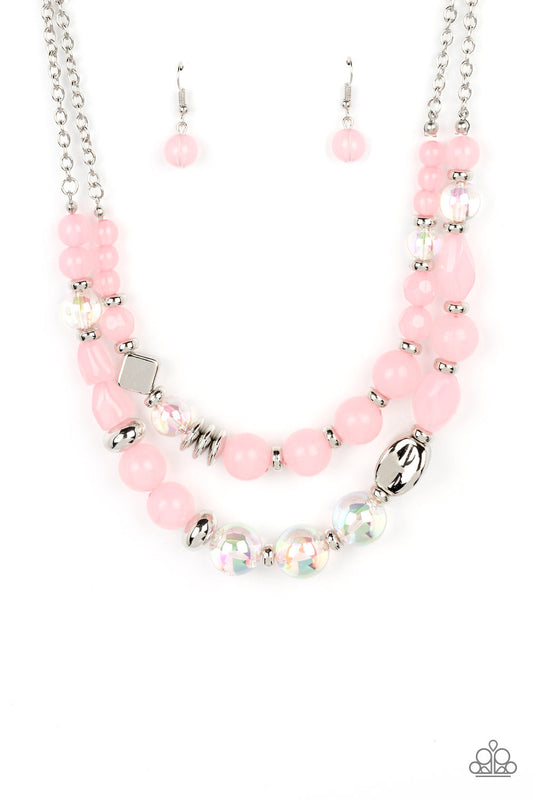 Mere Magic - Pink Iridescent/Pink Opaque/Silver Beaded Paparazzi Necklace & matching earrings