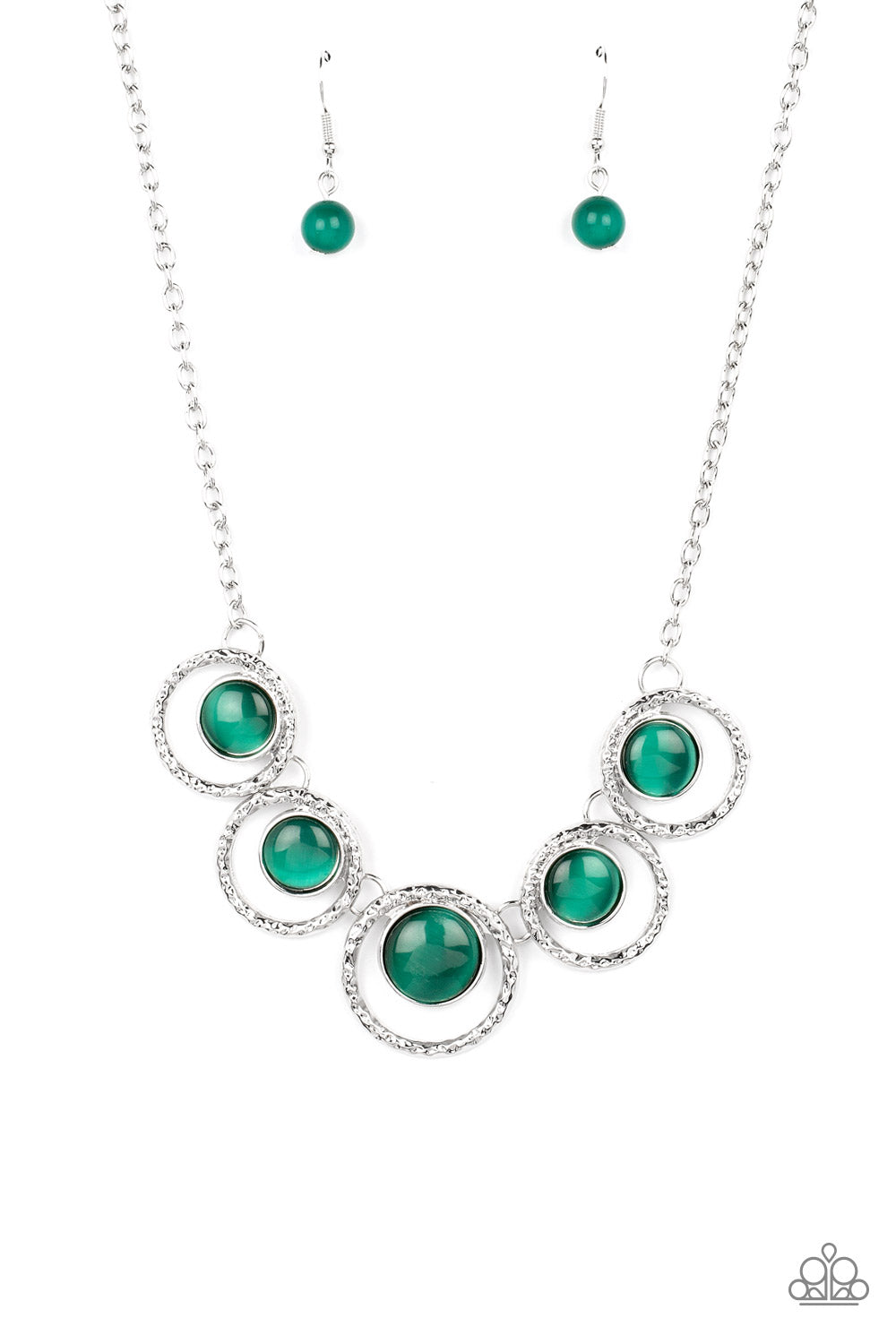 Elliptical Enchantment - Green Cat's Eye Stones & Hammered Silver Hoop Paparazzi Necklace & matching earrings