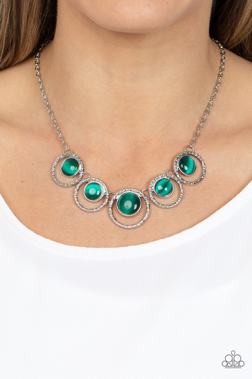 Elliptical Enchantment - Green Cat's Eye Stones & Hammered Silver Hoop Paparazzi Necklace & matching earrings