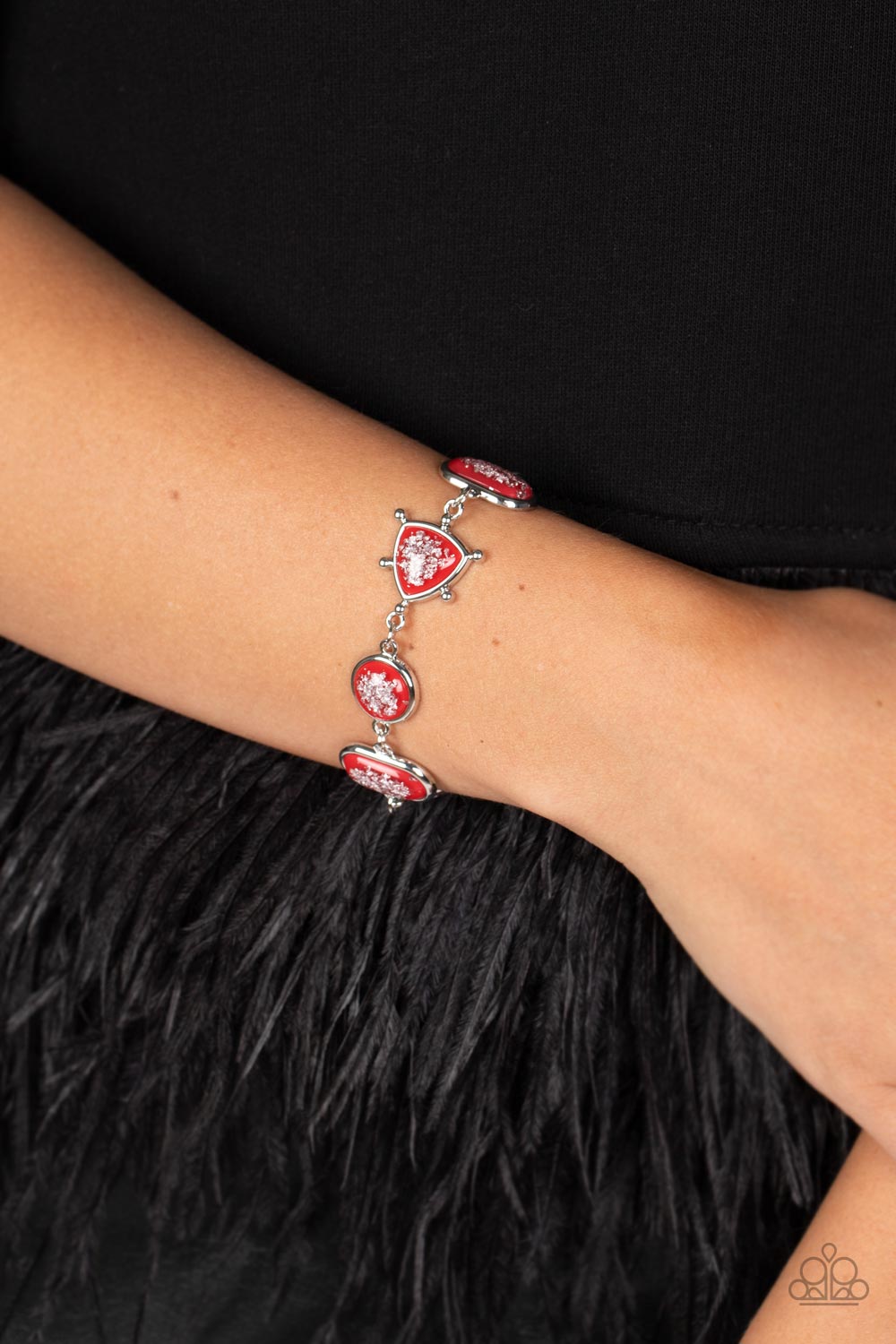 Speckled Shimmer - Red & Silver Flecked Beaded Paparazzi Adjustable Bracelet