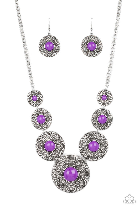 Garden Glade - Purple Bead/Floral Embossed Silver Disc Paparazzi Necklace & matching earrings
