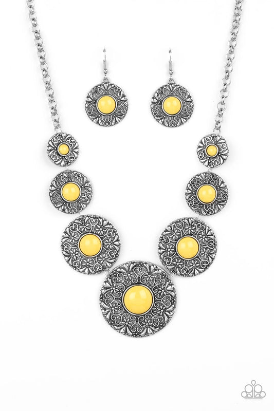 Garden Glade - Yellow Beads/Floral Embossed Silver Disc Paparazzi Necklace & matching earrings