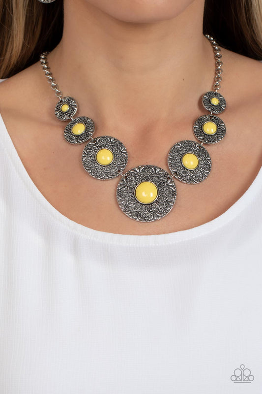 Garden Glade - Yellow Beads/Floral Embossed Silver Disc Paparazzi Necklace & matching earrings