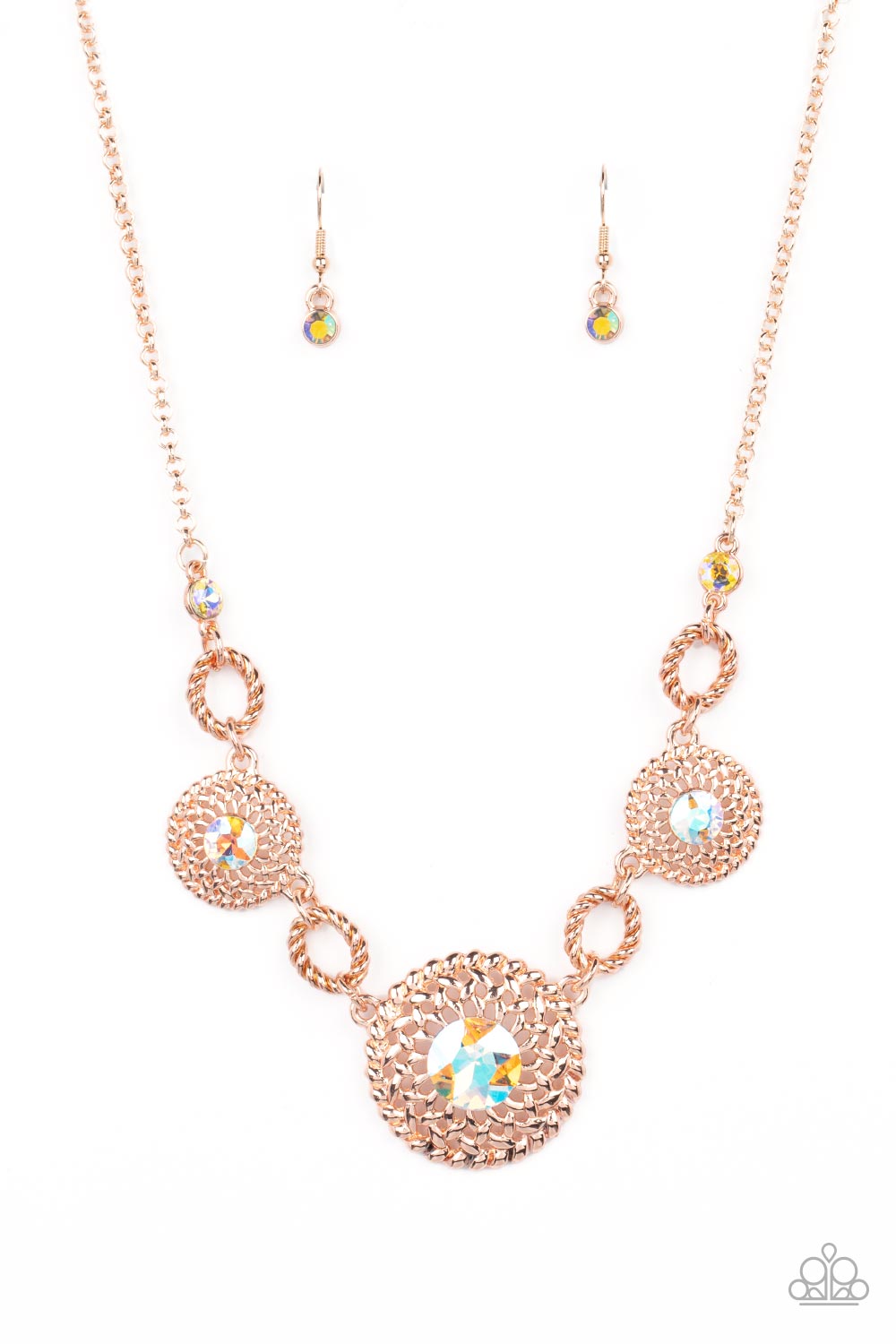Cosmic Cosmos - Multi Iridescent Rhinestone/Rose Gold Flower Paparazzi Necklace & matching earrings