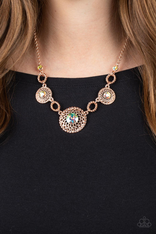 Cosmic Cosmos - Multi Iridescent Rhinestone/Rose Gold Flower Paparazzi Necklace & matching earrings