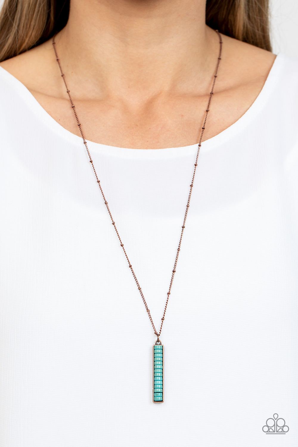 Rural Regeneration - Copper Rectangular Frame/Dainty Turquoise Stone Disc Pendant Paparazzi Necklace & matching earrings