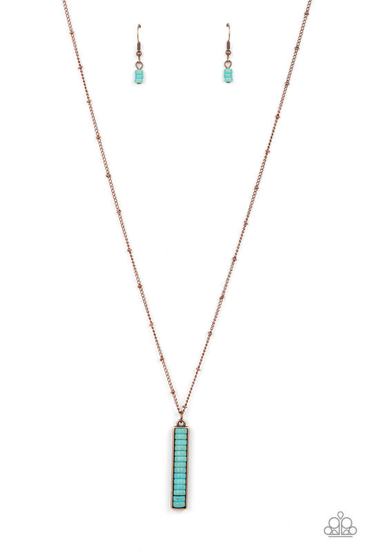 Rural Regeneration - Copper Rectangular Frame/Dainty Turquoise Stone Disc Pendant Paparazzi Necklace & matching earrings