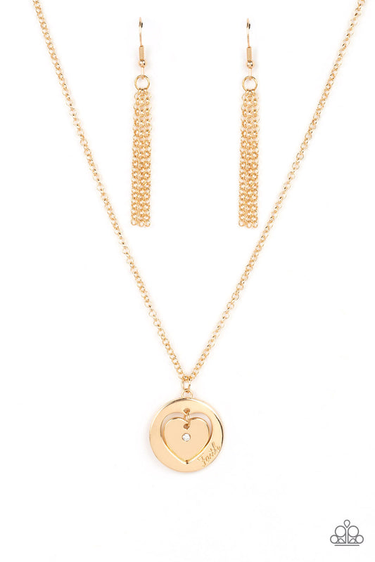 Heart Full of Faith - Gold "Faith" Stamped Heart/White Rhinestone Pendant Paparazzi Necklace & matching earrings