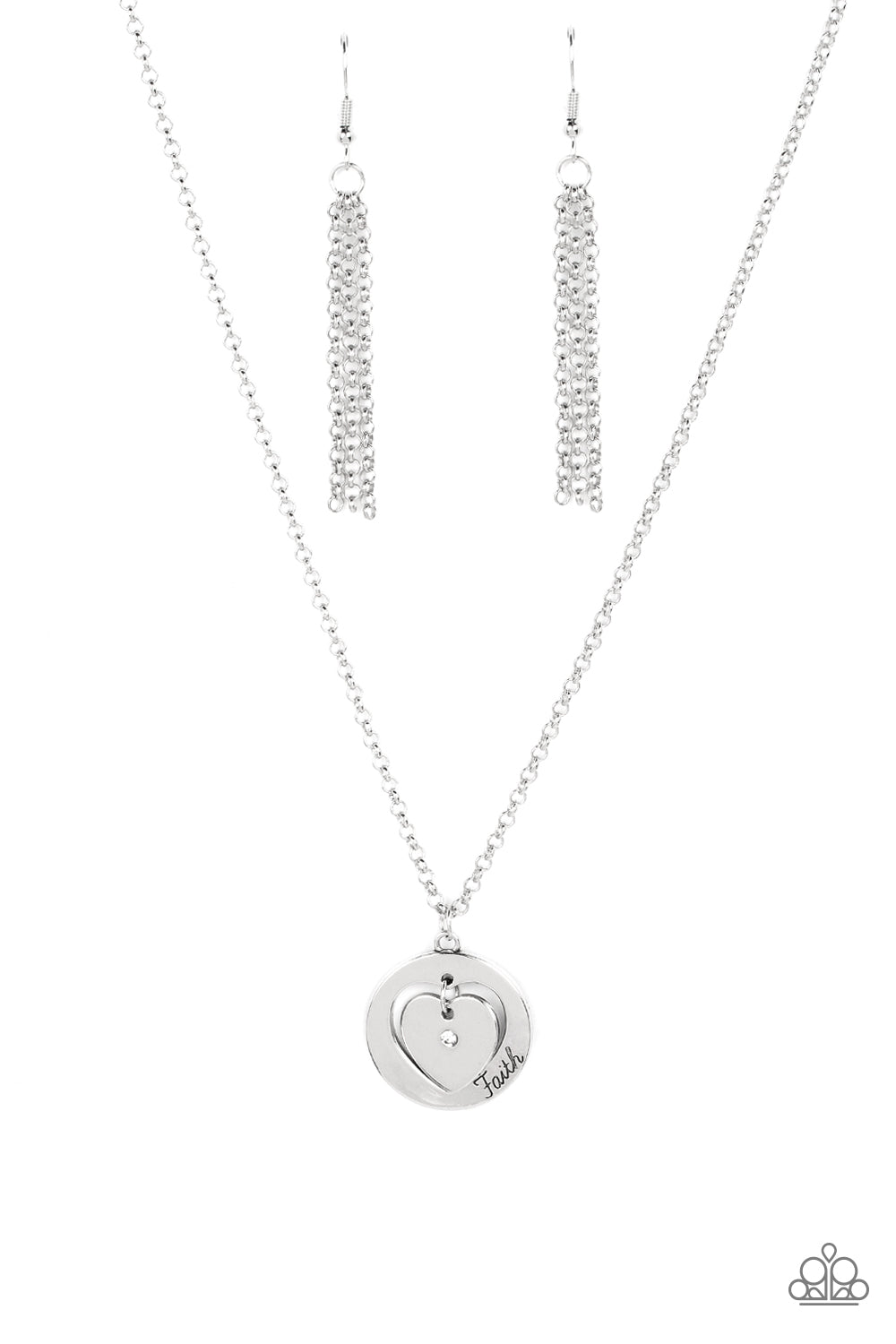 Heart Full of Faith - White Dainty Rhinestone/Silver Heart Charm Pendant Paparazzi Necklace & matching earrings