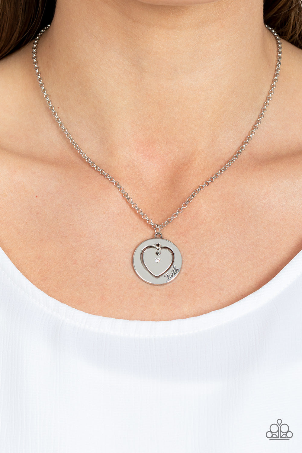 Heart Full of Faith - White Dainty Rhinestone/Silver Heart Charm Pendant Paparazzi Necklace & matching earrings
