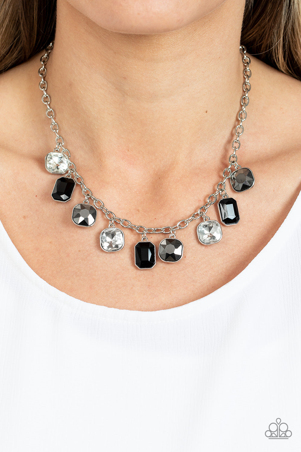 Best Decision Ever - Silver & Hematite, Black, & White Rhinestone Paparazzi Necklace & matching earrings