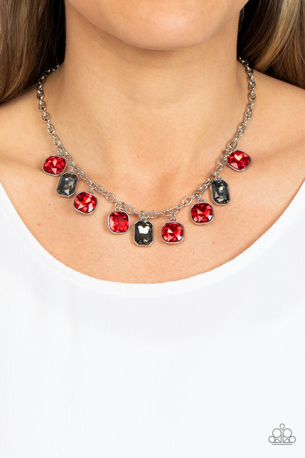 Best Decision Ever - Red & Smoky Rhinestone Paparazzi Necklace & matching earrings
