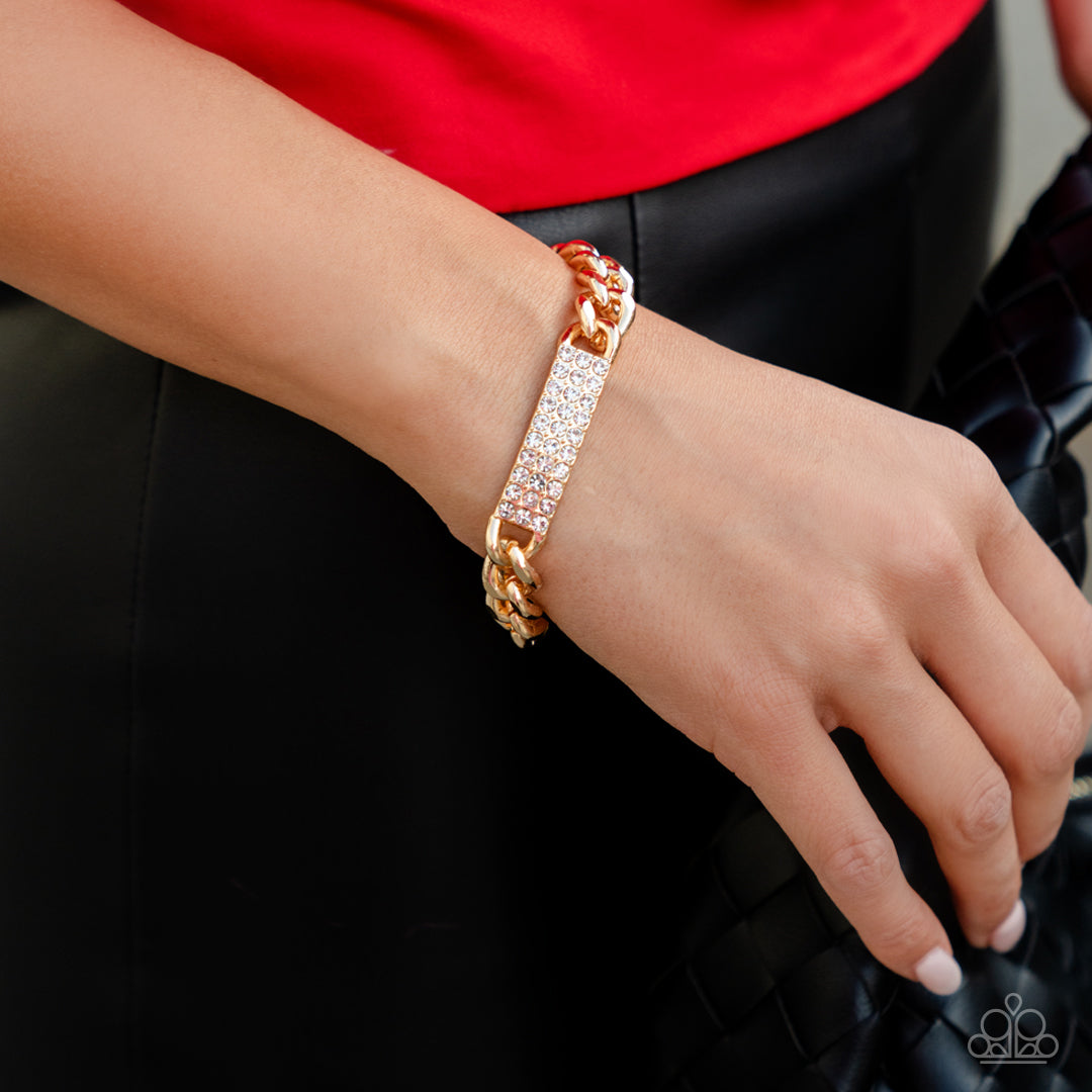 Icy Impact - Gold Chunky Curb Chain & White Rhinestone Paparazzi Adjustable Bracelet