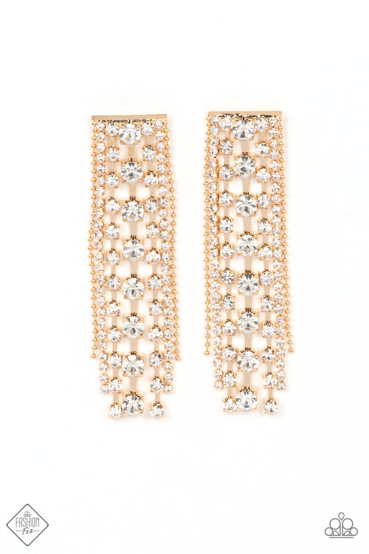 Starry Streamers - Gold Fittings & White Rhinestone Fringe Paparazzi Earrings
