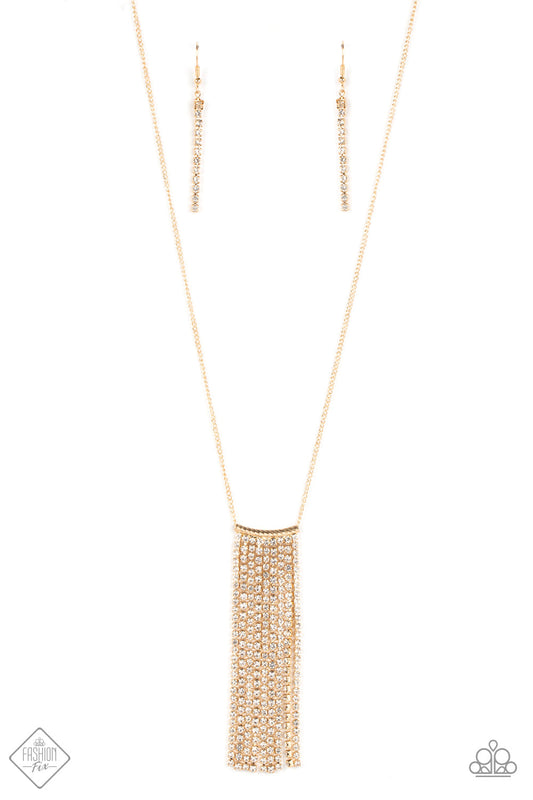 Stellar Crescendo - Gold Fittings/White Rhinestone Tassel Pendant Paparazzi Necklace & matching earrings