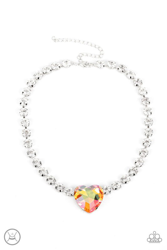 Heart in My Throat - Orange Iridescent Oversized Heart Gem/White Rhinestone Chain Paparazzi Necklace & matching earrings