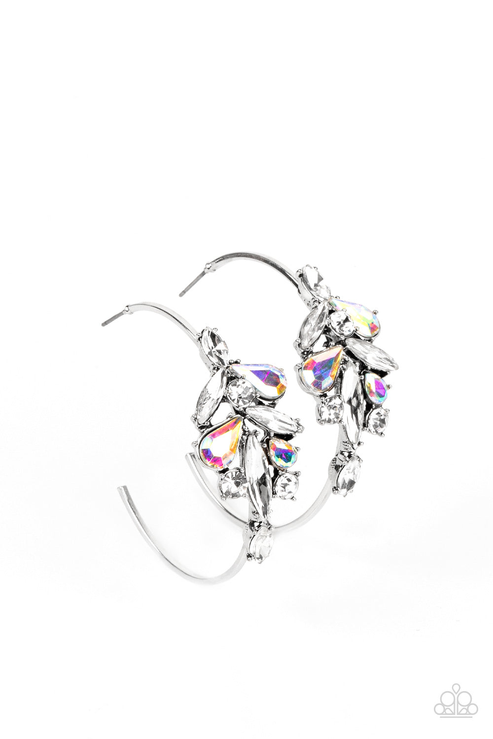 Arctic Attitude - Multi Iridescent & Icy White Rhinestone Paparazzi Hoop Earrings