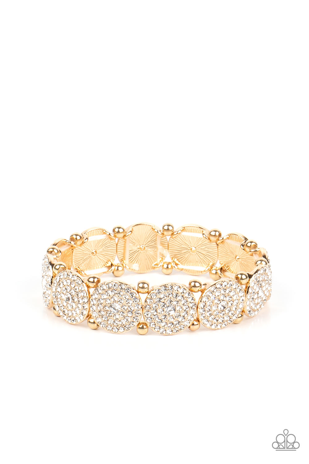 Palace Intrigue - Gold Beads & White Rhinestone Encrusted Frame Paparazzi Stretch Bracelet