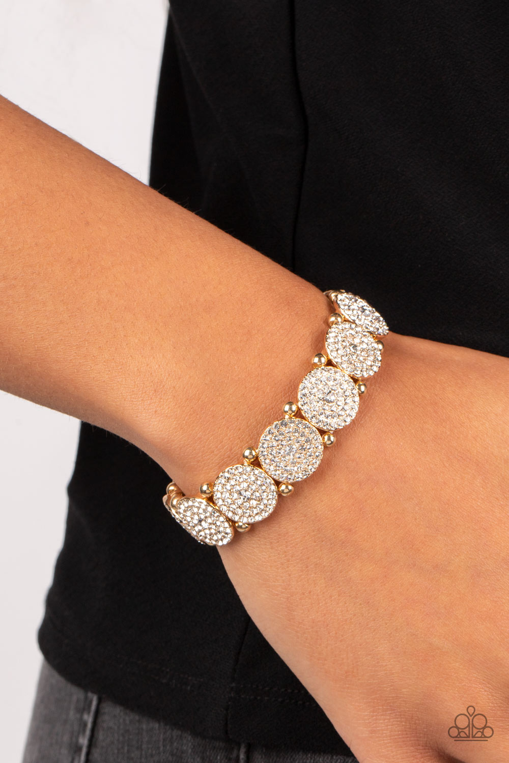 Palace Intrigue - Gold Beads & White Rhinestone Encrusted Frame Paparazzi Stretch Bracelet