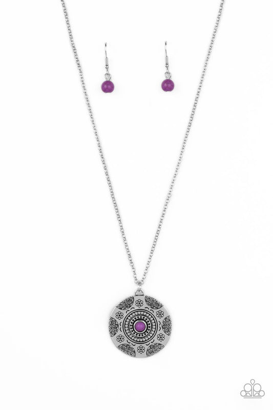 Wild Prairies - Purple Dainty Stone/Floral Motif Stamped Pendant Paparazzi Necklace & matching earrings