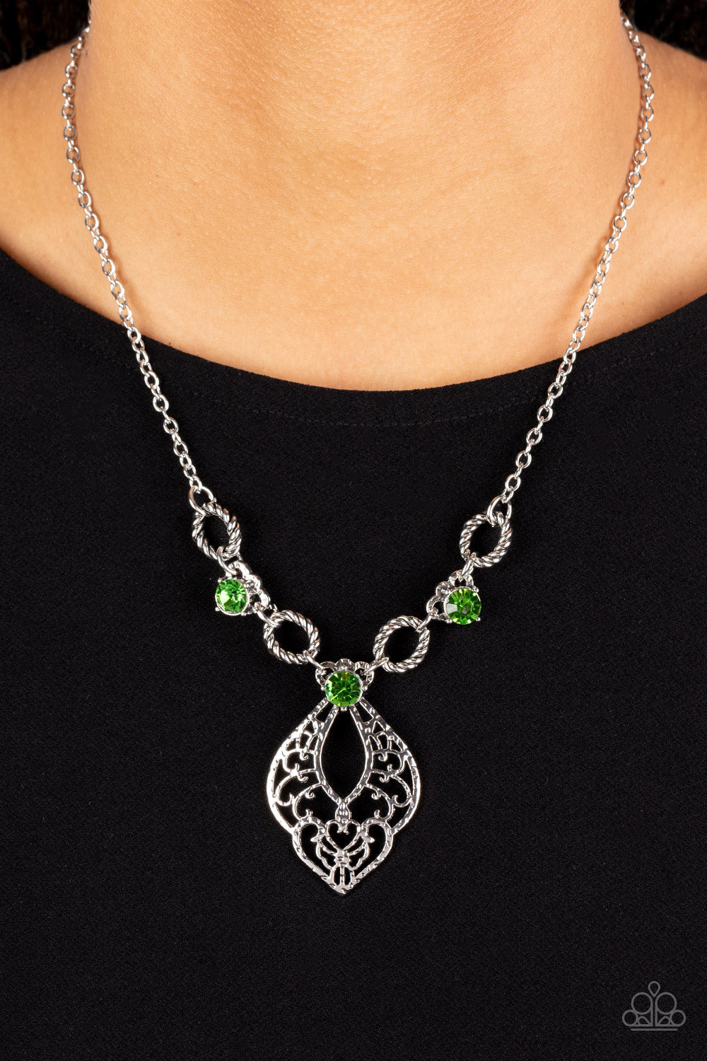 Contemporary Connections - Green Oversized Rhinestones/Hammered Silver Filigree Pendant Paparazzi Necklace & matching earrings