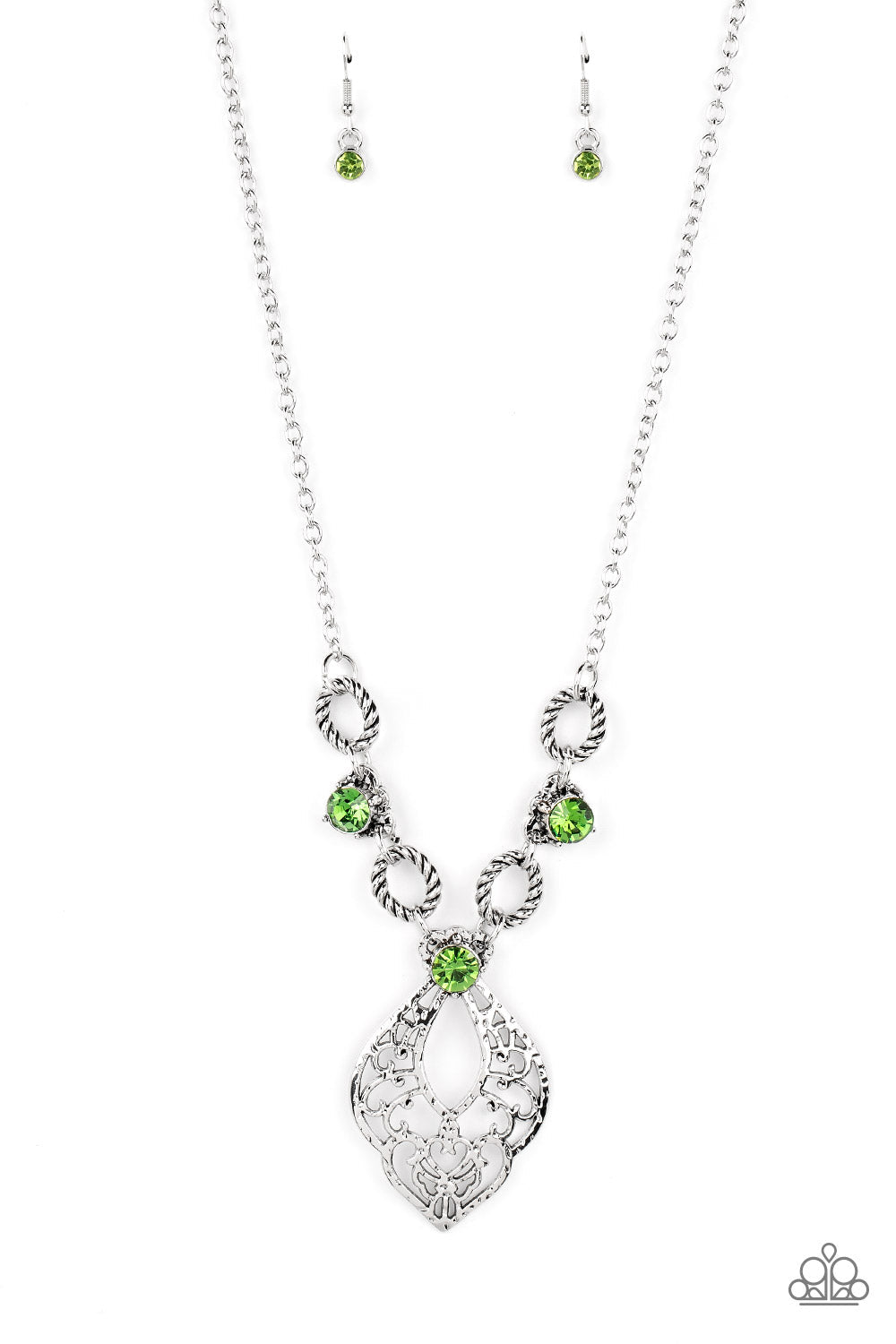 Contemporary Connections - Green Oversized Rhinestones/Hammered Silver Filigree Pendant Paparazzi Necklace & matching earrings