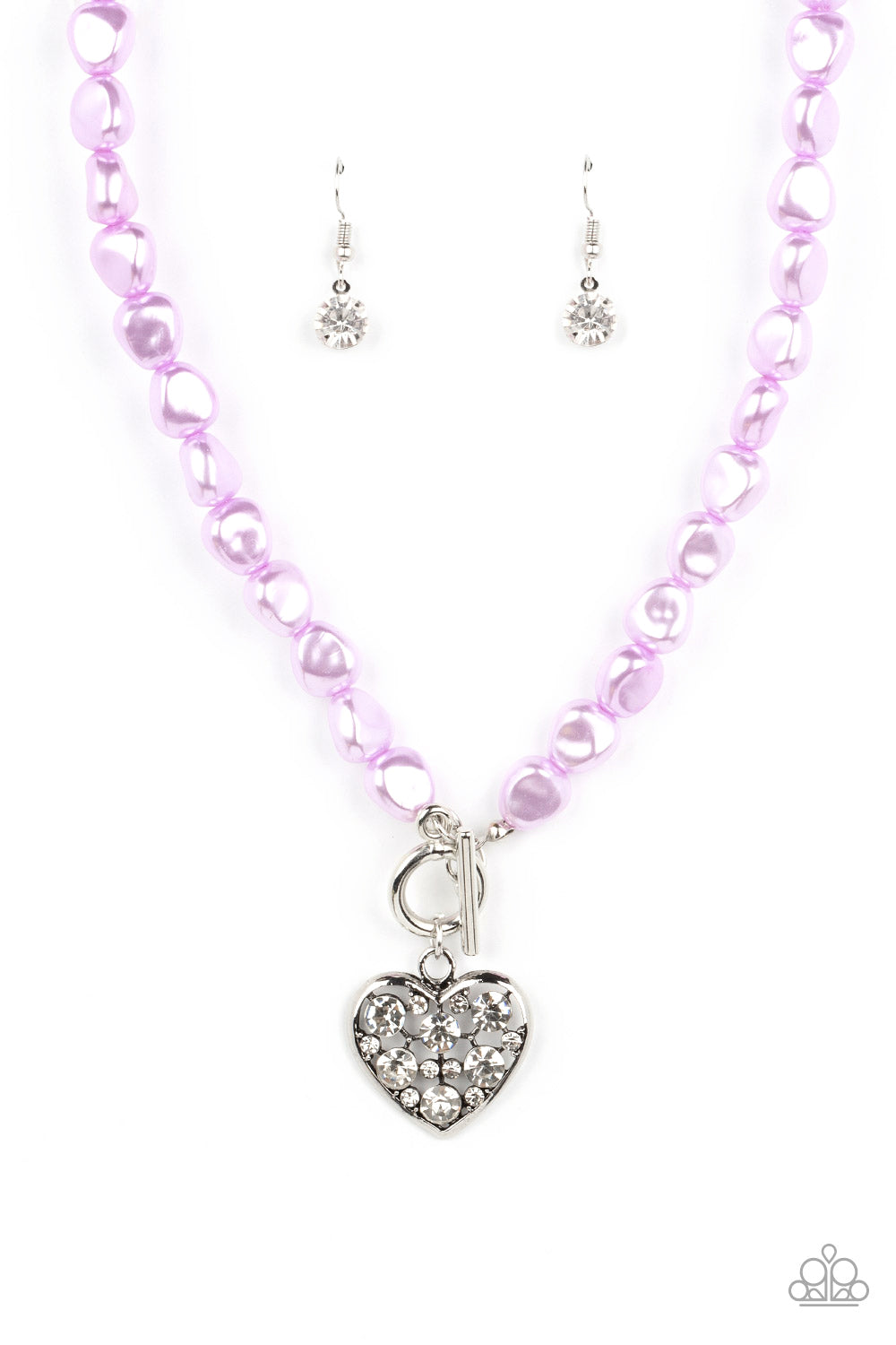 Color Me Smitten - Purple Imperfect Pearls/White Rhinestone Encrusted Heart Pendant Paparazzi Necklace & matching earrings