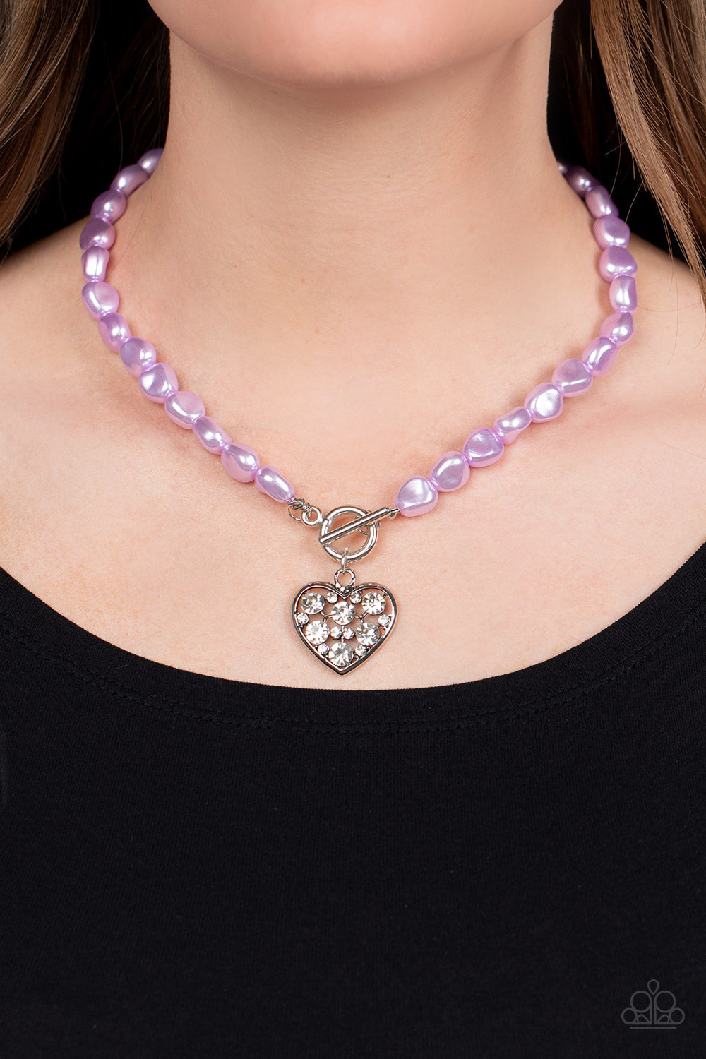 Color Me Smitten - Purple Imperfect Pearls/White Rhinestone Encrusted Heart Pendant Paparazzi Necklace & matching earrings