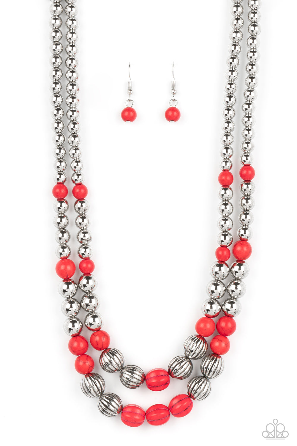 Country Road Trip - Red Stones & Silver Beaded Paparazzi Necklace & matching earrings