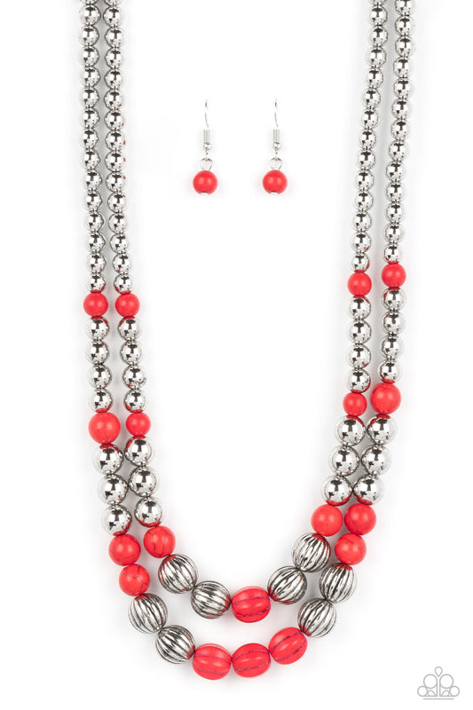 Country Road Trip - Red Stones & Silver Beaded Paparazzi Necklace & matching earrings