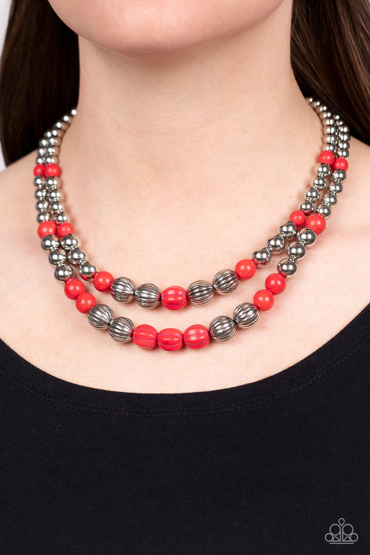 Country Road Trip - Red Stones & Silver Beaded Paparazzi Necklace & matching earrings