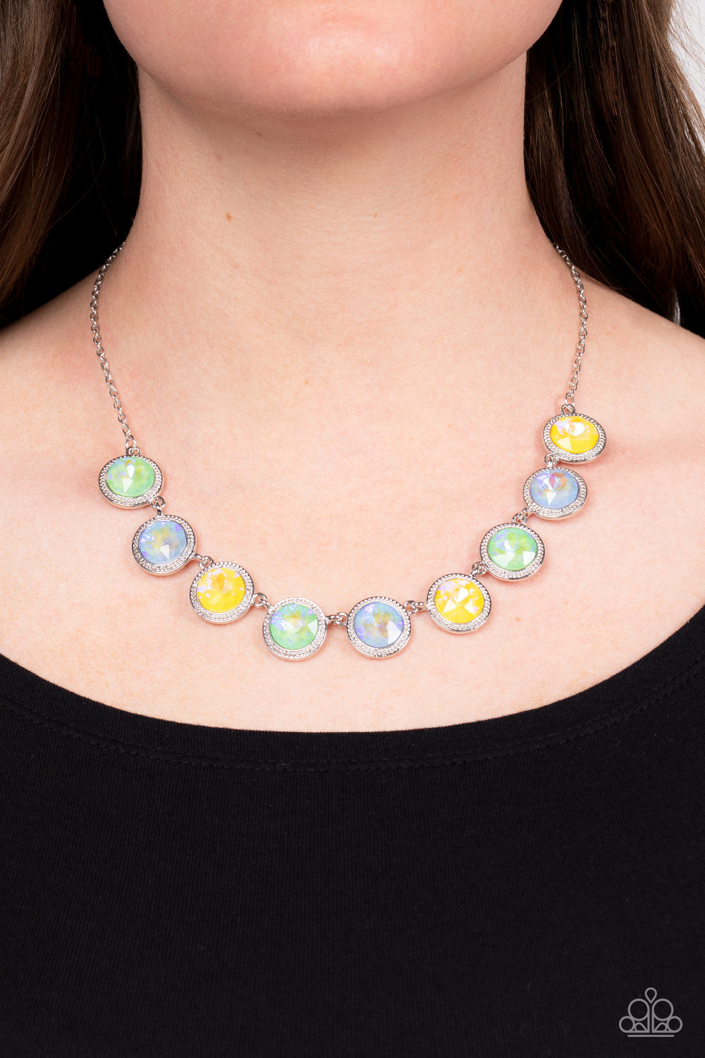 Queen of the Cosmos - Green, Blue, & Yellow Iridescent Gem Paparazzi Necklace & matching earrings