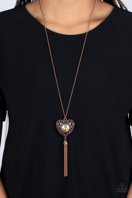 Prismatic Passion - Copper 3-D Heart/Iridescent Peach Gem Pendant Paparazzi Necklace & matching earrings