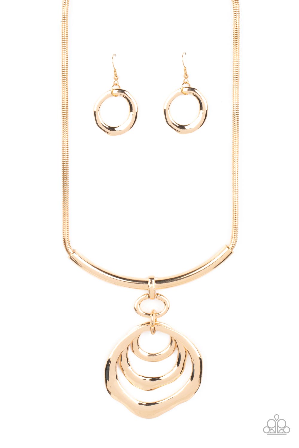 Forged in Fabulous - Gold Warped Hoop/Bowed Gold Bar Pendant Paparazzi Necklace & matching earrings