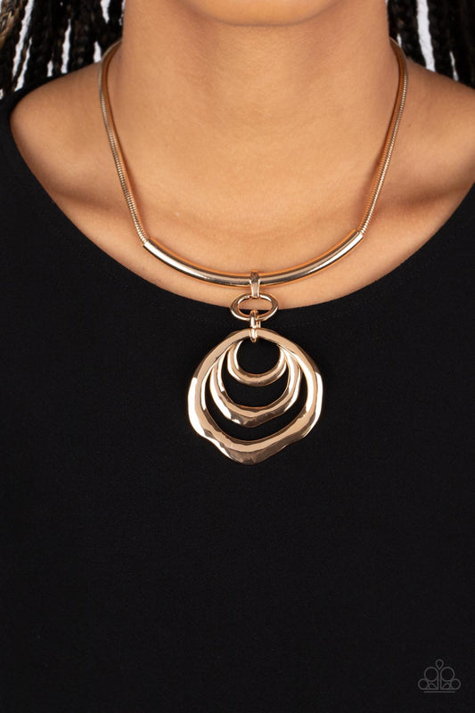 Forged in Fabulous - Gold Warped Hoop/Bowed Gold Bar Pendant Paparazzi Necklace & matching earrings
