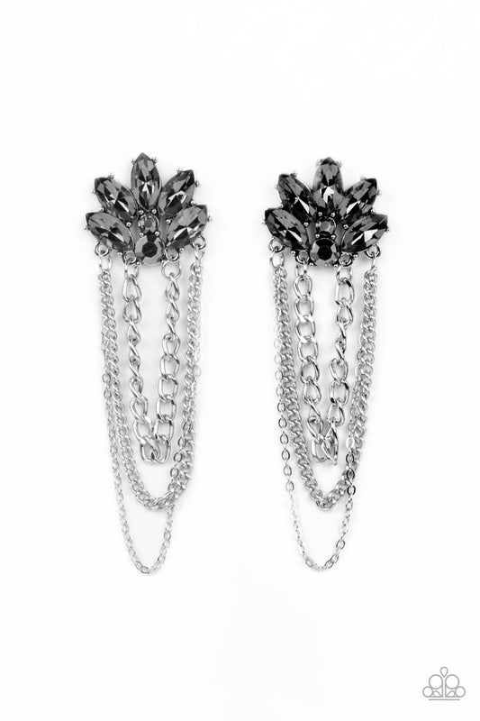Reach for the SKYSCRAPERS - Silver Draped Chain/Smoky & Hematite Rhinestone Paparazzi Earrings