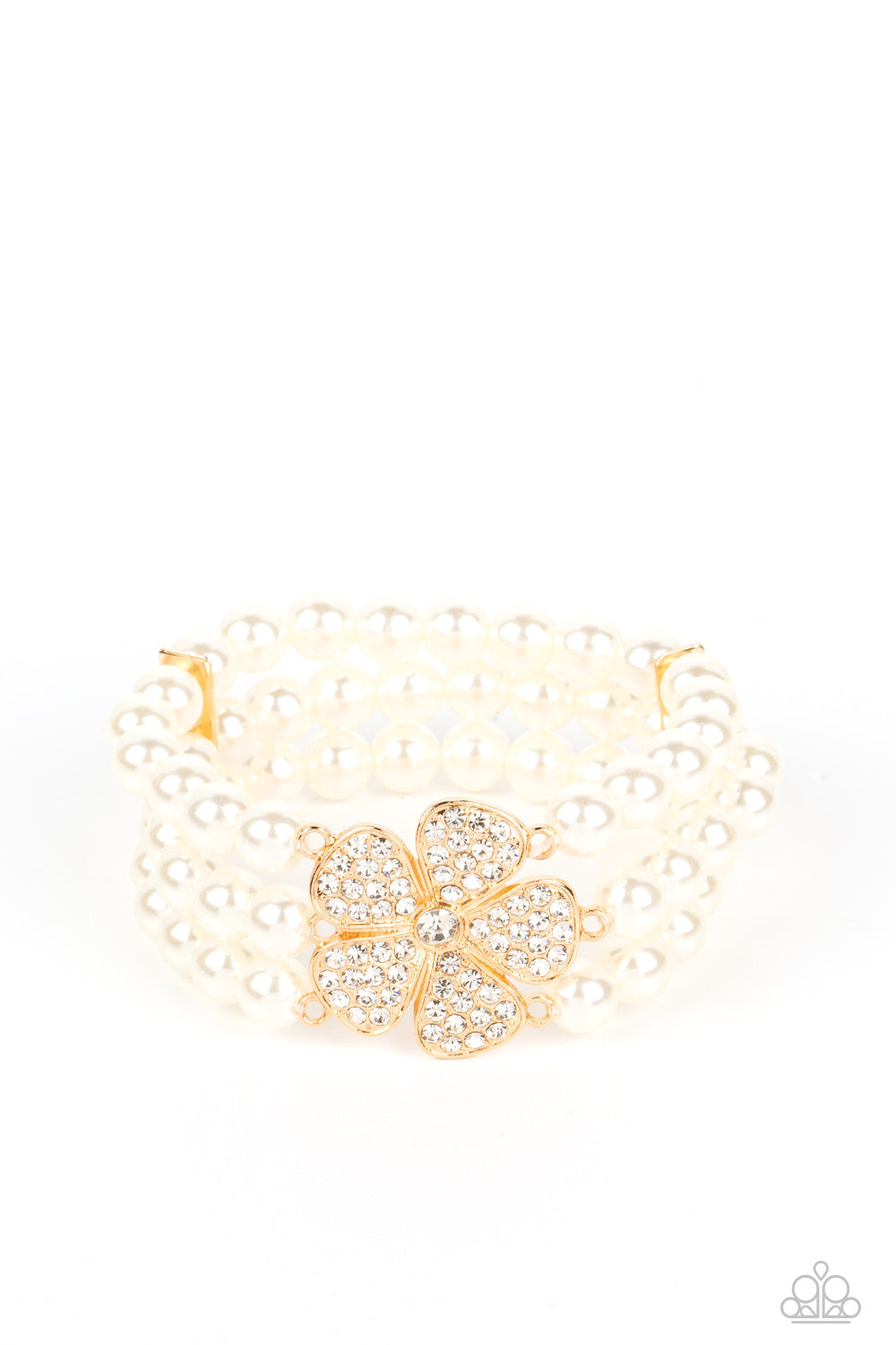 Park Avenue Orchard - Gold/White Rhinestone Flower & White Pearl Paparazzi Stretch Bracelet