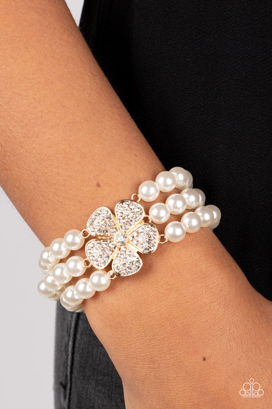 Park Avenue Orchard - Gold/White Rhinestone Flower & White Pearl Paparazzi Stretch Bracelet