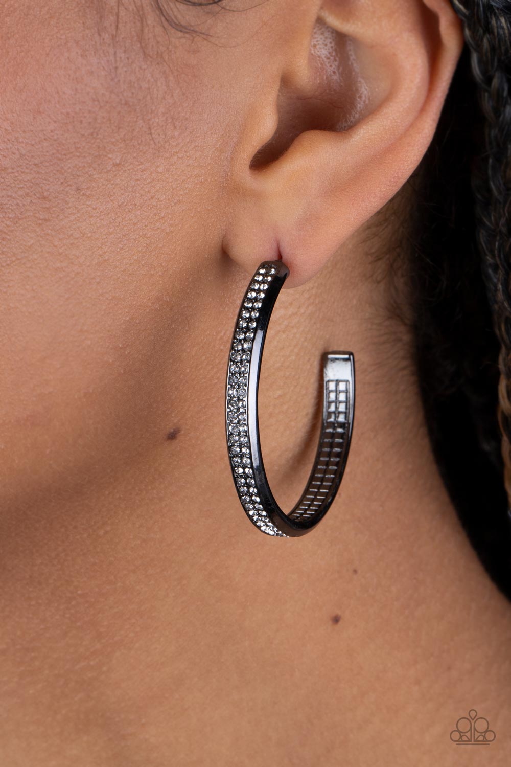 Flash Freeze - Gunmetal Hoop & White Rhinestone Paparazzi Hoop Earrings