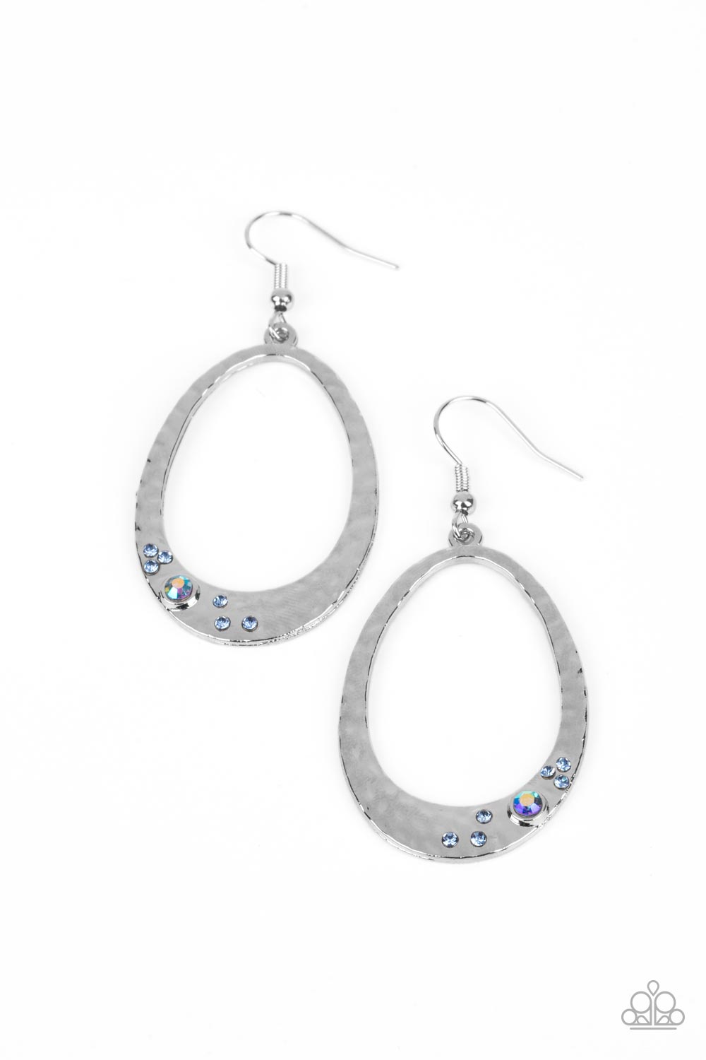Seafoam Shimmer - Blue Iridescent Rhinestones & Hammered Silver Teardrop Paparazzi Earrings