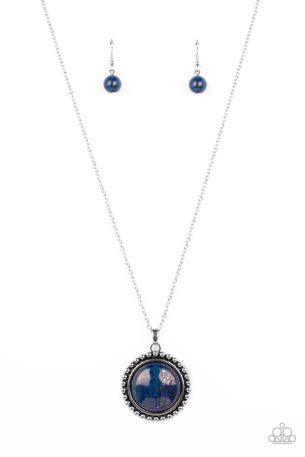 Sonoran Summer - Blue Lapis Stone/Studded Silver Frame Pendant Paparazzi Necklace & matching earrings