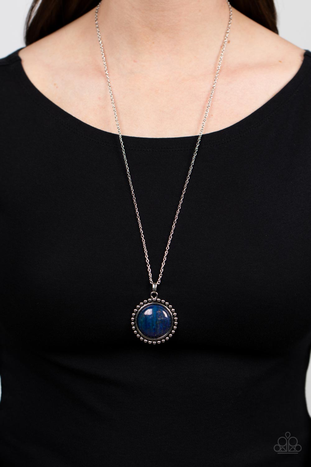 Sonoran Summer - Blue Lapis Stone/Studded Silver Frame Pendant Paparazzi Necklace & matching earrings