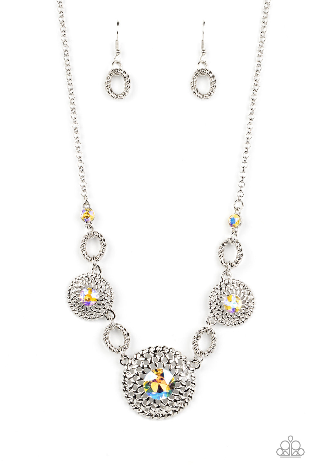 Cosmic Cosmos - Yellow Iridescent Rhinestones/Airy Silver Petal Paparazzi Necklace & matching earrings