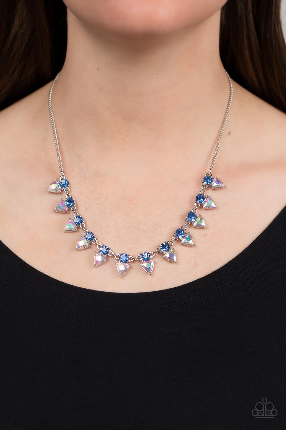 Razor-Sharp Refinement - Blue Rhinestones & Iridescent Prism-Like Gem Paparazzi Necklace & matching earrings